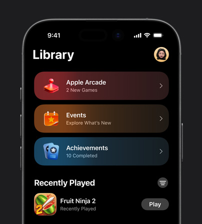 Image of the Library tab in Apple Games displayed on iPhone 17 Pro