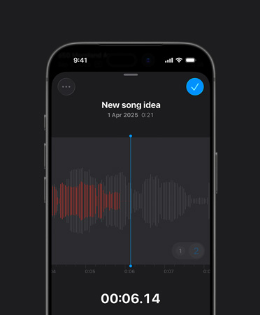 iPhone 16 screen, Logic Pro Voice Memos, recording in red, sound waves, play button, new song idea, date and duration