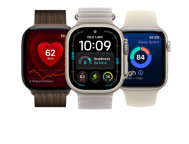 Apple Watch Series 12, aluminium case, dark bronze colour, screen shows heart health feature, Milanese Loop band, dark bronze color; Apple Watch Ultra 4, titanium case, natural colour, screen shows vitals, workout, readiness features, Ocean Band, translucent kelp colour (pale brownish-green); Apple Watch SE 3, aluminium case, starlight colour, screen shows sleep score, Sport Band, sand colour (pale tan)
