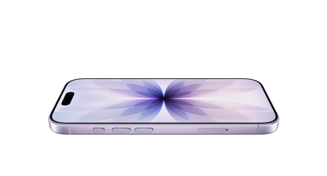 iPhone 17, front exterior with Ceramic Shield, side exterior, lavender colour, buttons: action, volume, Dynamic Island centered near top