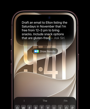 iPhone 18 Pro, Burgundy, screen displaying an Ask Siri prompt reading, draft an email to Elton listing the Saturdays in November that I’m free from 12 pm to 3 pm to bring snacks. Include snack options that are gluten-free