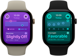 Два часовника Apple Watch Series 12: алуминиев корпус, светлозлатист цвят, жизнени показатели през деня – леки отклонения, Digital Crown, пясъчна спортна каишка; алуминиев корпус, черен цвят, жизнени показатели през нощта – добри, Digital Crown, черна спортна каишка