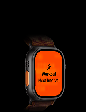 Apple Watch Ultra 4, титанов корпус, черен цвят, тренировка Бягане, следващ интервал, ляв екстериор, оранжев бутон Действие, каишка Alpine Loop