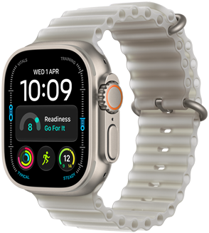 Apple Watch Ultra 4, титанов корпус, натурален цвят, персонализиран циферблат, компликации: ден и дата, готовност, сърдечна честота, тренировка Бягане, Времето, дясна страна екстериор, Digital Crown, издаден страничен бутон, каишка Ocean Band в полупрозрачен сив цвят