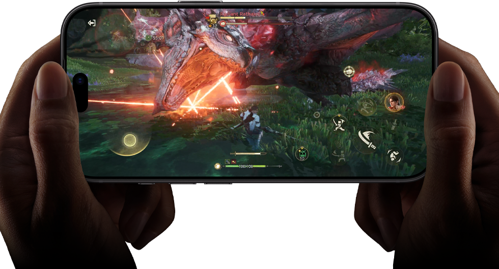 iPhone 18 Pro, преден екстериор, демонстрира работата на A20 Pro чипа със сцена от Monster Hunter Outlanders