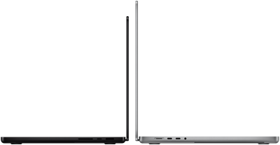 MacBook Pro 14-инчов и 16-инчов, разположени гръб до гръб, показващи разлика в размера и подчертаващи тесния профил
