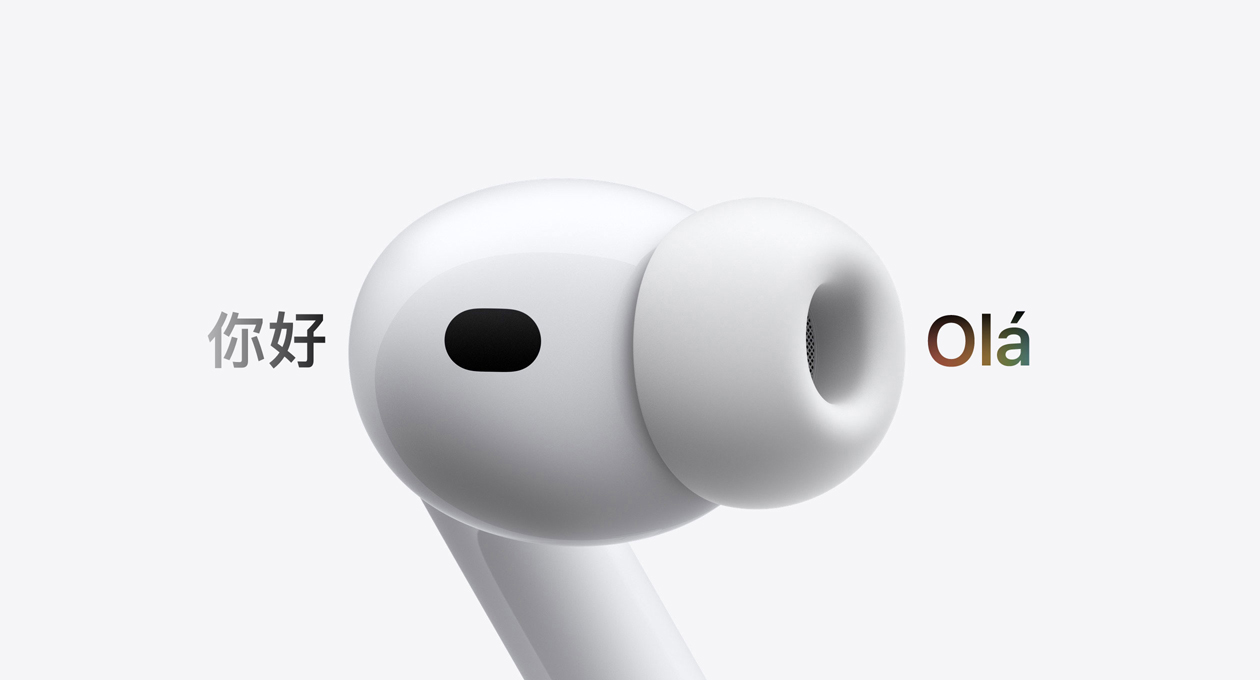 AirPods Pro 3, fone de ouvido com ponta de silicone, a Tradução ao Vivo altera do espanhol para o inglês os caracteres que dizem 'Olá'