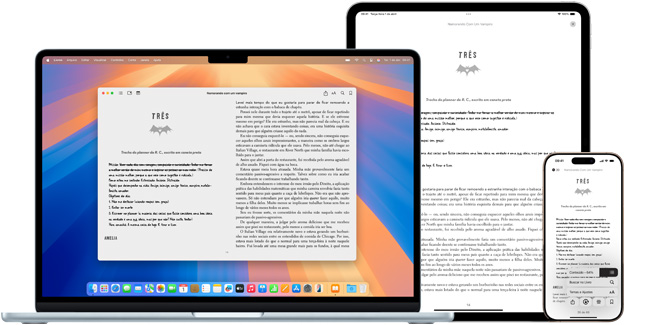 O MacBook Pro e o iPad Air mostram uma página do mesmo e-book no app Livros.