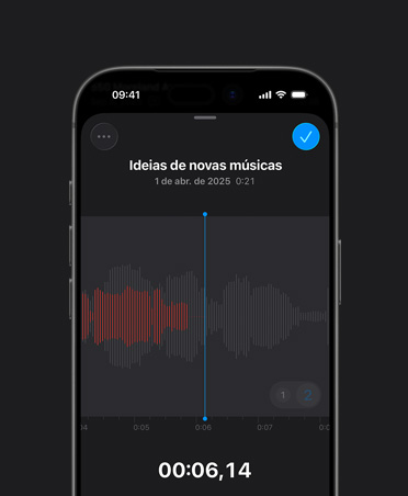 Tela do iPhone 16, Gravador do Logic Pro, gravação em vermelho, ondas sonoras, botão de reprodução, nova ideia de música, data e duração