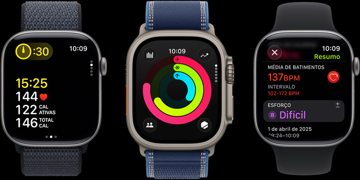 Três aparelhos Apple Watch com métricas de exercício, círculos de Atividade e informações pós-treino na tela.