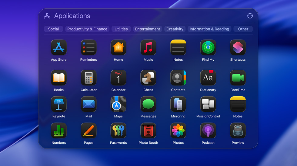 Vários ícones de apps no macOS Tahoe exibidos em um formato de grade