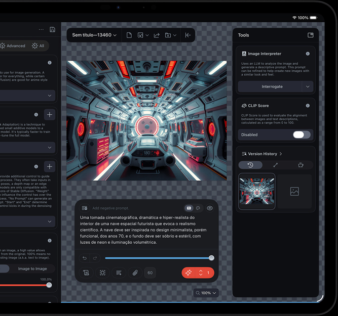 Parte da frente do iPad Pro, tela mostrando um clipe de uma nave espacial futurista sendo editado com várias ferramentas de edição e funções de IA abertas, incluindo Image Interpreter e CLIP Score