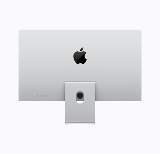 Apple Studio Display with tilt-adjustable stand, silver colour, back exterior, glossy black Apple logo centred