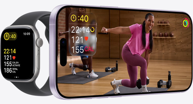 App Apple Fitness+ sur iPhone, affichant un entraînement avec des données synchronisées sur Apple Watch