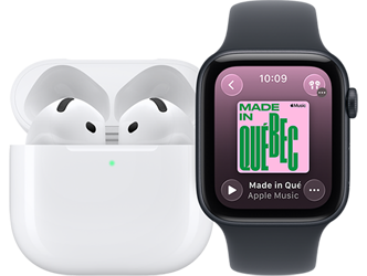 AirPods 4, microphone, dans l’étui de recharge MagSafe, ouvert, coins arrondis, voyant lumineux de charge vert, Apple Watch SE 3, boîtier en aluminium, minuit, app Musique, écran À l’écoute, bracelet sport minuit