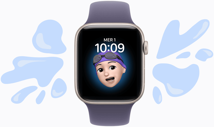 Apple Watch SE 3, boîtier en aluminium, comète, cadran Memoji, illustrations d’éclaboussures d’eau qui n’atteignent pas l’appareil résistant à l’eau, bracelet sport brume violette