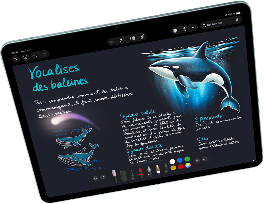 iPad Air en orientation paysage, mettant en valeur Apple Intelligence avec la baguette graphique dans Notes; Apple Pencil Pro