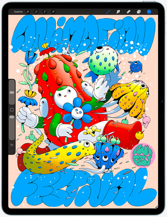 iPad Air, face avant, affichant l’app Procreate, illustration numérique colorée de divers personnages et objets