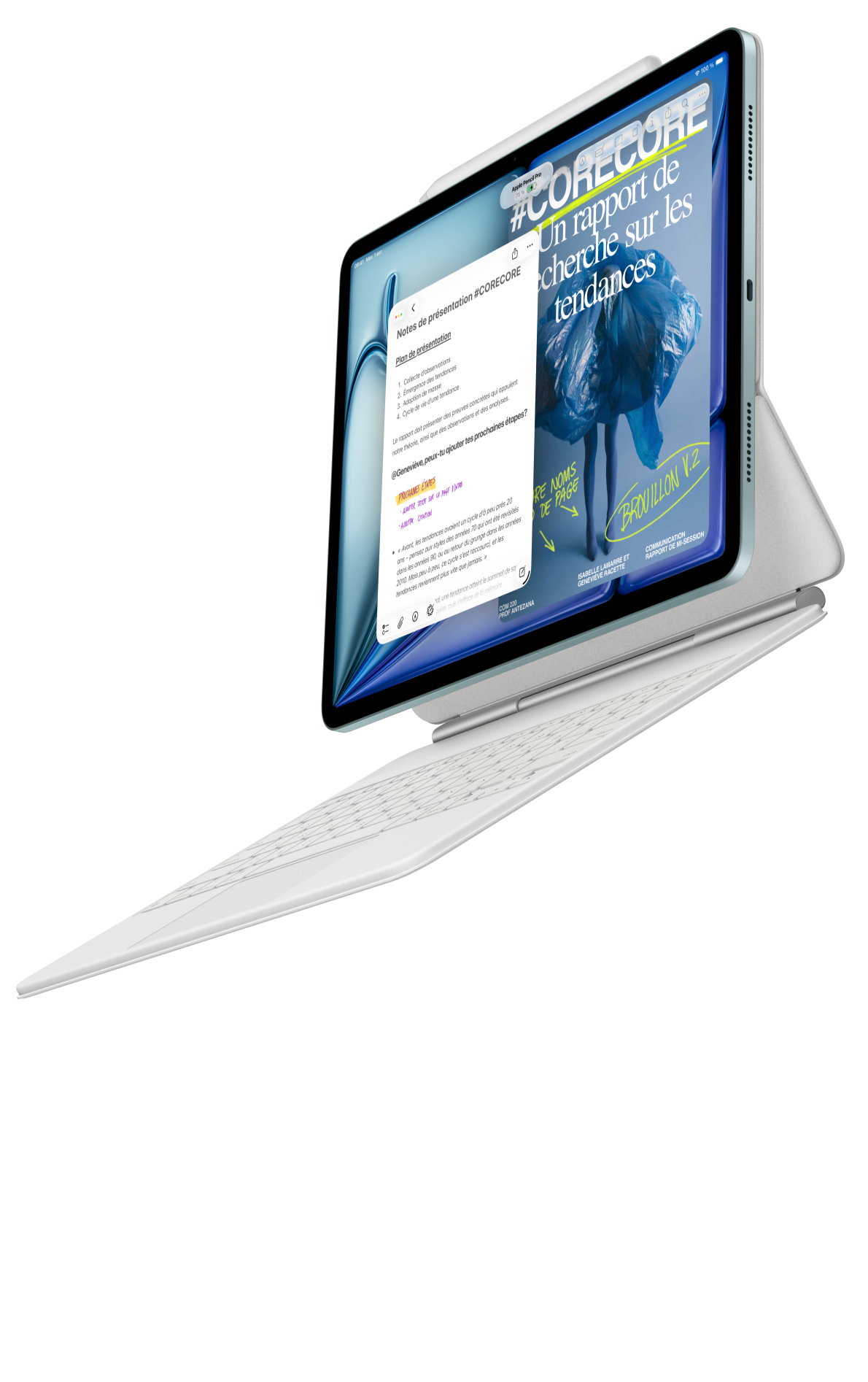 Un iPad Air, auquel sont fixés un Magic Keyboard pour iPad Air, et un Apple Pencil Pro
