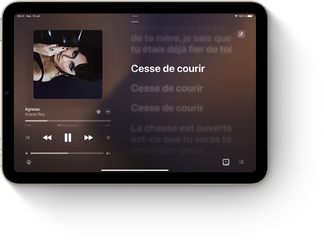 iPad mini, orientation paysage, affichant des paroles de chanson sur Apple Music.