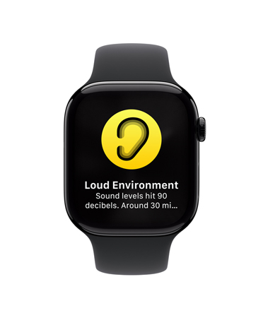 Apple Watch Series 10, white Sport Band, front, UI reads Ovulation, Cycle History