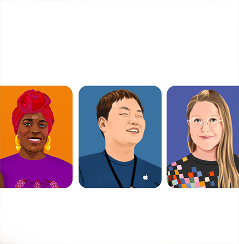 Three portraits of Apple team members.