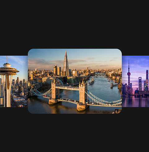 Aerial shots of Seattle, London and Shanghai.