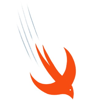 En fugl med form som programmeringssproget Swifts logo flyver ind i billedet.