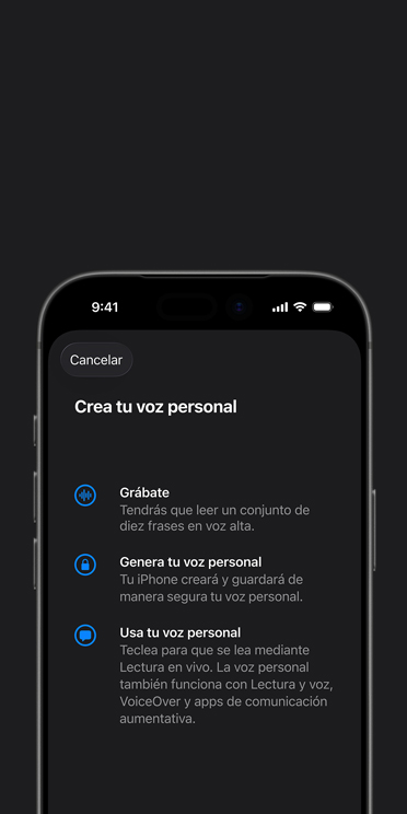 Pantalla de un iPhone 17 Pro que muestra la funcionalidad Voz Personal con instrucciones sobre cómo crearla