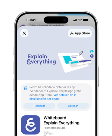 Un iPhone muestra la página de producto de la app Explain Everything Whiteboard en el App Store y un mensaje que invita al usuario a rechazar o aprobar el acceso para una Cuenta para Menores.