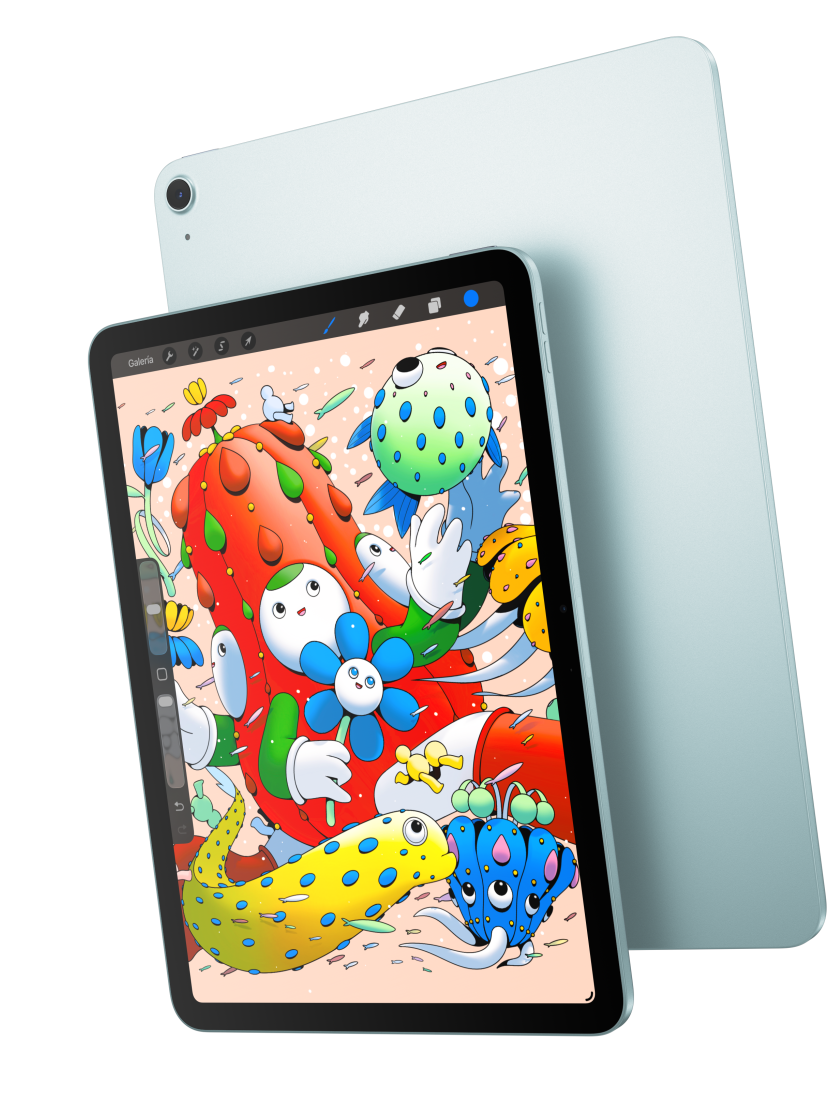 Vista frontal de un iPad Air de 11 pulgadas con la app Procreate que se superpone con la vista posterior de un iPad Air azul