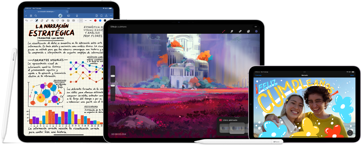 Imagen del Apple Pencil Pro y el Apple Pencil USB-C junto a varios dispositivos iPad que muestran ejemplos de notas escritas a mano e ilustraciones coloridas hechas con el Apple Pencil.