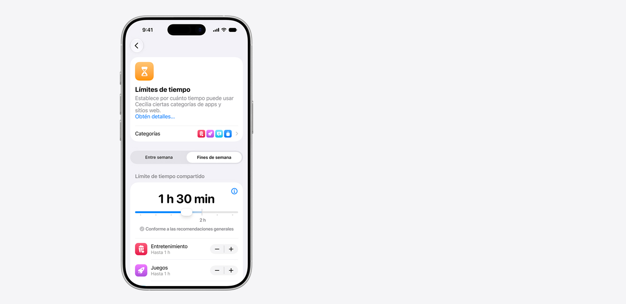 Un iPhone muestra la interfaz de Límites de Tiempo, con un límite de tiempo compartido de una hora y 30 minutos, y sugerencias de tiempo para las apps de entretenimiento, juegos y redes sociales.