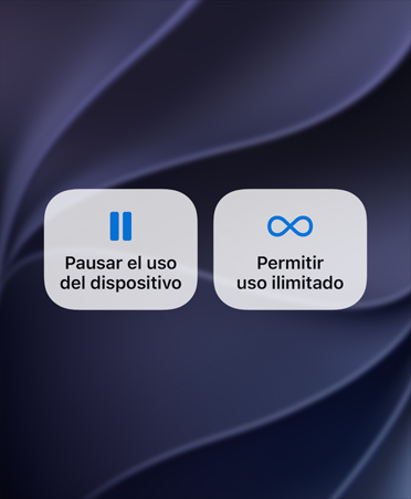 Pantalla con los botones para pausar el uso del dispositivo y permitir un uso ilimitado.