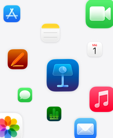 Apps de Apple: Keynote, Pages, Numbers, Música, Fotos, Notas, Calendario, Mail, FaceTime, Mensajes, App Store