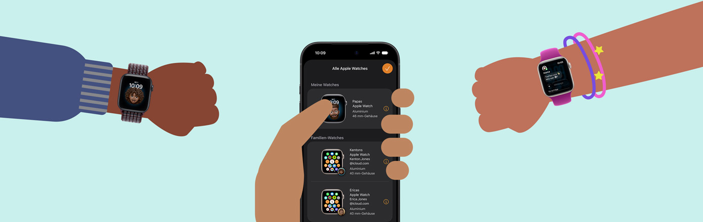 Illustration von zwei Kinderhänden mit einer Apple Watch SE 3, einer Erwachsenenhand, die ein iPhone hält