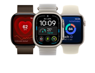 Drei Apple Watch Geräte: Apple Watch Series 12, Aluminiumgehäuse, Farbe Dunkelbronze, Herzfrequenz App, Milanaise Armband Farbe Dunkelbronze, Apple Watch Ultra 4, Titangehäuse, Farbe Natur, modulares Zifferblatt mit den Komplikationen Tagesform, Herzfrequenz, Trainings und UV Index, rechte Seitenansicht, Digital Crown, erhöhte Seitentaste, Ocean Armband Farbe Halbtransparentes Seegrasgrün, Apple Watch SE 3, Aluminiumgehäuse, Farbe Polarstern, Schlafindex, rechte Seitenansicht, Digital Crown, Sportarmbänder Farbe Sand