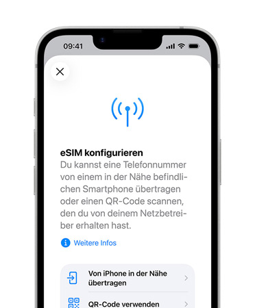 iPhone 17e, Vorderseite, das Feature eSIM konfigurieren wird verwendet, um eine Telefonnummer von einem Telefon in der Nähe oder mit einem QR Code zu übertragen