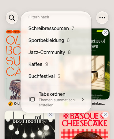 iPhone Safari Browser, der das Filtermenü mit Kategorien wie Ressourcen zum Schreiben, Sportbekleidung, Jazz Community, Kaffee und Buchfestival anzeigt, wobei die Option „Automatisch organisieren“ ausgewählt ist