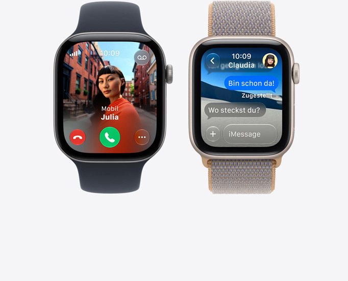 Apple Watch Series 12 Geräte, die Displays zeigen: eingehenden Anruf, Kontaktfoto, Tasten zum Annehmen und Ablehnen von Anrufen, iMessage Unterhaltung, verbunden mit Sportarmband, Farbe Schwarz, Sport Loop, Farbe Chambrayblau (hellblau-grau)