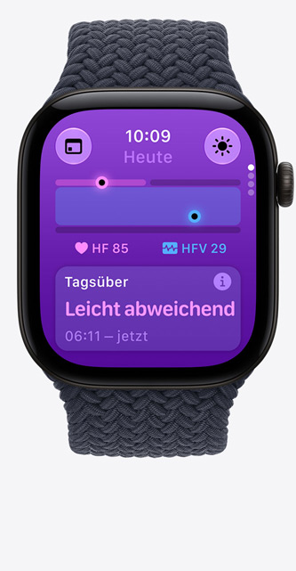Apple Watch Series 12, Aluminiumgehäuse, Farbe Schwarz, Vitalzeichen App, Diagramm mit Gesundheitsbewertung, aktuelle Herzfrequenz Schläge pro Minute, Messung am Tag zeigt leicht abweichende Vitalzeichen, Geflochtenes Solo Loop Armband, Farbe Navyblau