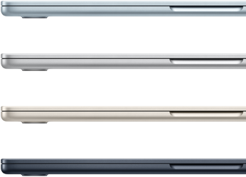 Side exteriors of four MacBook Air laptops, showcasing four different finishes