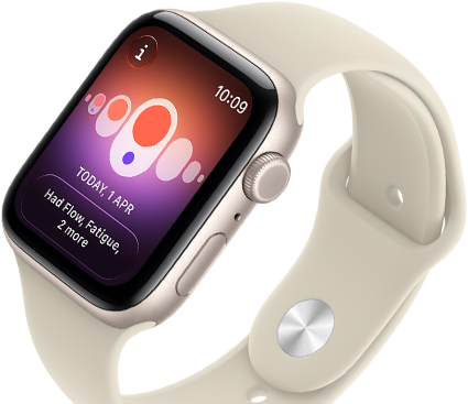 Apple Watch SE 3, alumiiniumkorpus, tähevalge, menstruaaltsükli jälgimine erinevate sümptomitega, parema külje vaade, Digital Crown, külgnupp, spordirihm, liivatoon