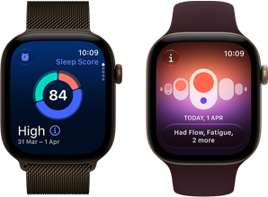 Kaks Apple Watch Series 12 seadet, tumede pronksi toonis alumiiniumkorpus, uneskoori ringdiagramm, Digital Crown, tumeda pronksi toonis Milanese Loop rihm, heleda kulla toonis alumiiniumkorpus, tsükli jälgimine, burgundiapunane Sport Band
