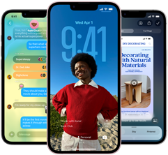 Kolm iPhone 17e seadet, kuvatud rakendus Messages koos Liquid Glass disainiga, dünaamiline Lock Screen ja Visual Intelligence kasutuses
