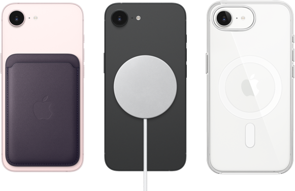 iPhone 17e, tagakülg, õrnroosa, MagSafe FineWoven Wallet, iPhone 17e, tagakülg, must, MagSafe laadijaga ühendatud, iPhone 17e, tagakülg, valge, MagSafe läbipaistev ümbris