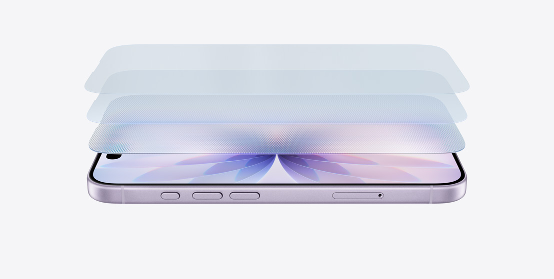 Lavendlivärvi viimistlusega iPhone 17 horisontaalses küliliasendis, kihilise disainiga tõstetakse esile Ceramic Shield 2