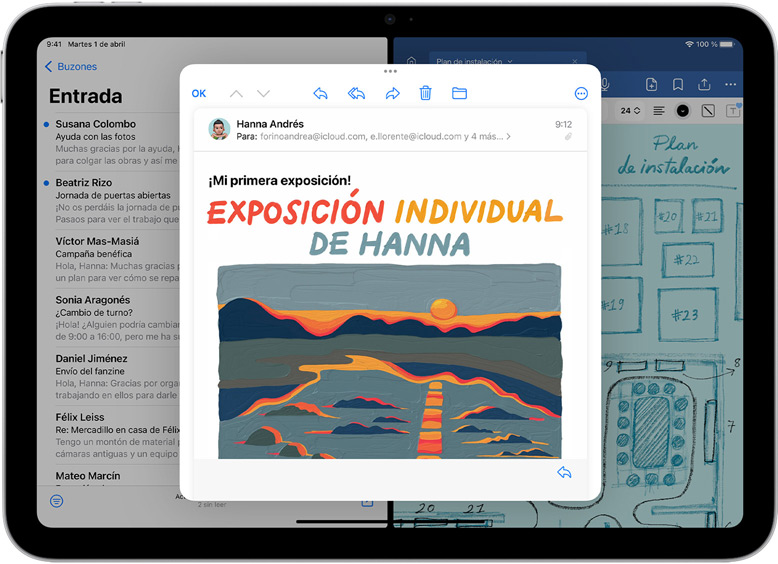Las apps Mail y GoodNotes aparecen abiertas una al lado de la otra en un iPad. Hay un email abierto en otra ventana.