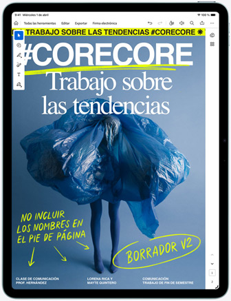 iPad Air, parte delantera exterior, se muestra el lector de PDF Adobe Acrobat con un proyecto de diseño que está en curso