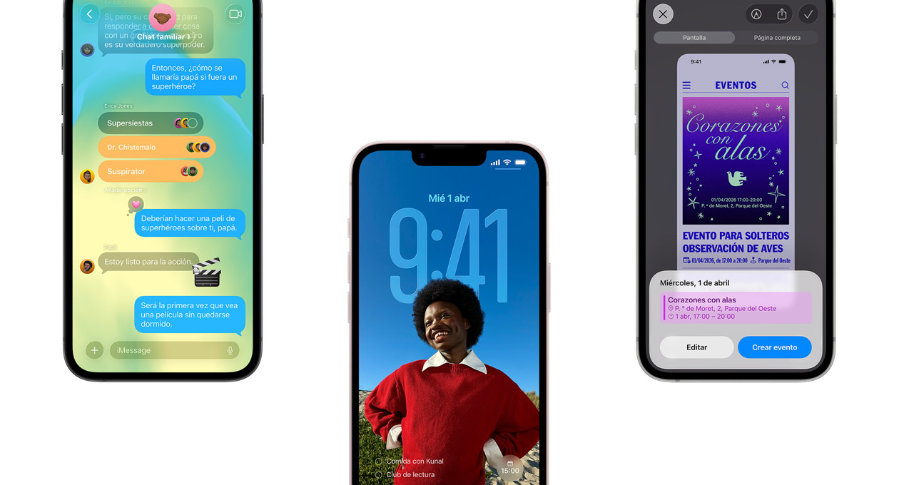 Tres dispositivos iPhone 17e, la pantalla de la izquierda muestra una conversación en la app iMessages, la pantalla del centro muestra la pantalla de bloqueo con el retrato de una persona sonriente y el calendario y la hora detrás, la pantalla de la derecha muestra la interfaz de creación de eventos